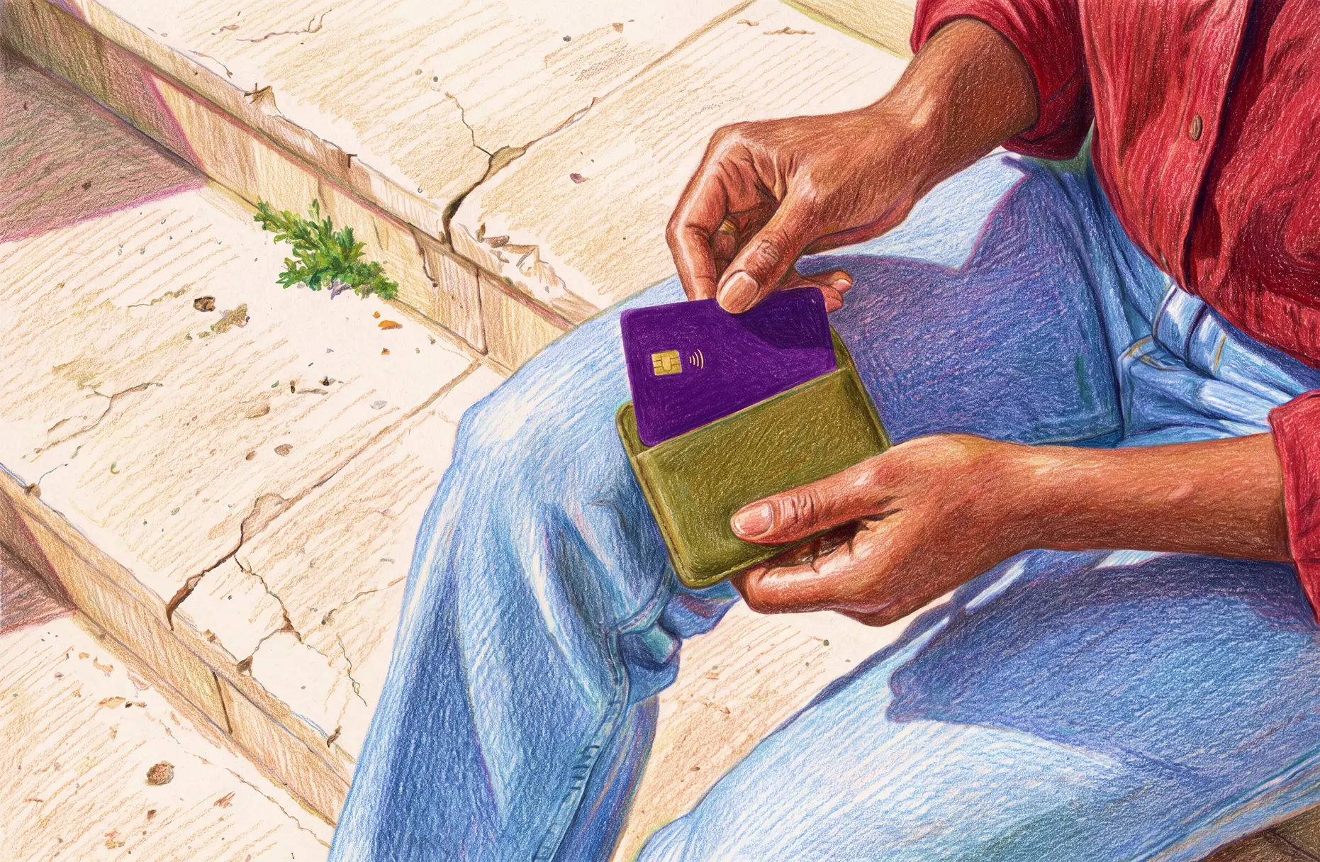 A person puts a purple card into a green wallet while sitting on stone steps.