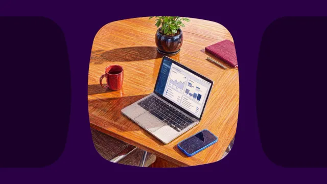 An illustration of a desk with a laptop displaying charts, a smartphone, a red mug, a potted plant, and a notebook.