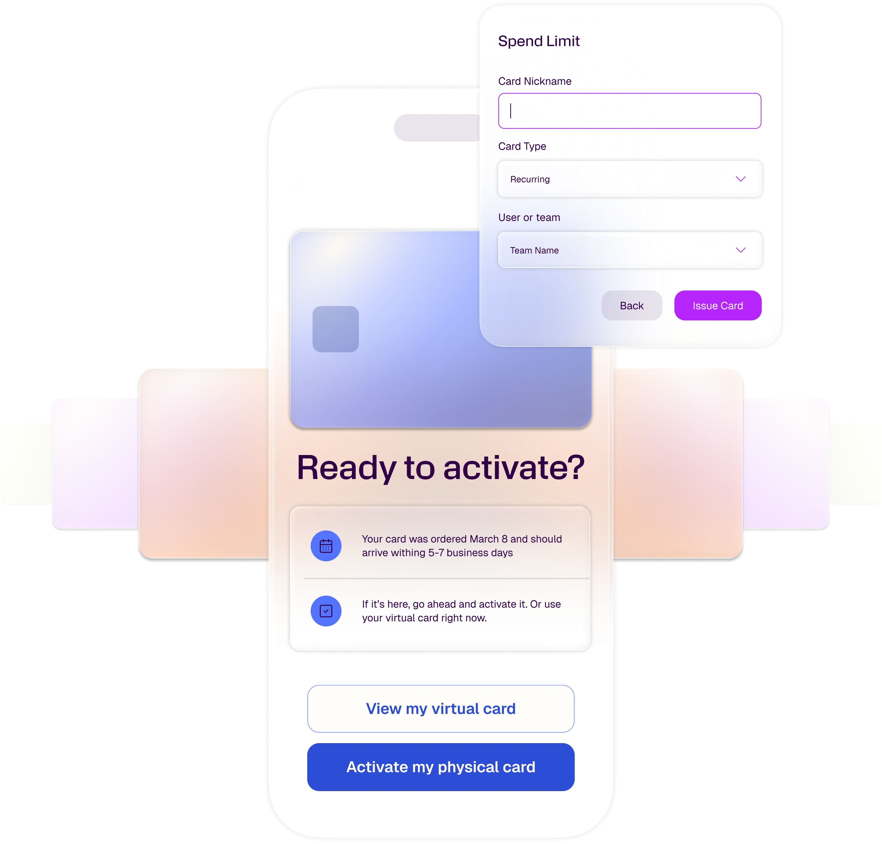 A mobile app displaying a card activation screen, partially obscured by an 'Issue Card' form.