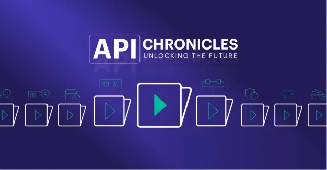 "API CHRONICLES UNLOCKING THE FUTURE" logo above a row of video folder icons, with one play button highlighted in green.