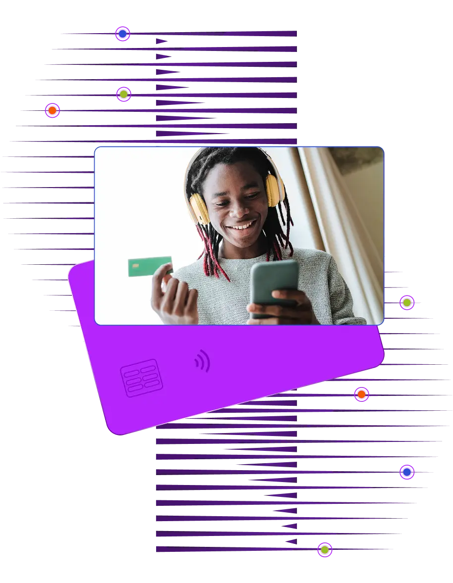 Smiling person with headphones holds a credit card and phone over a large purple payment card graphic and abstract tech background.