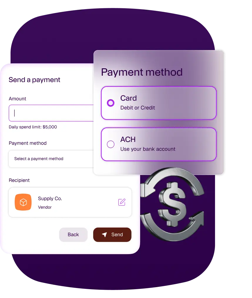 A digital payment interface displaying options to send money via card or ACH, with a 3D dollar sign surrounded by arrows.