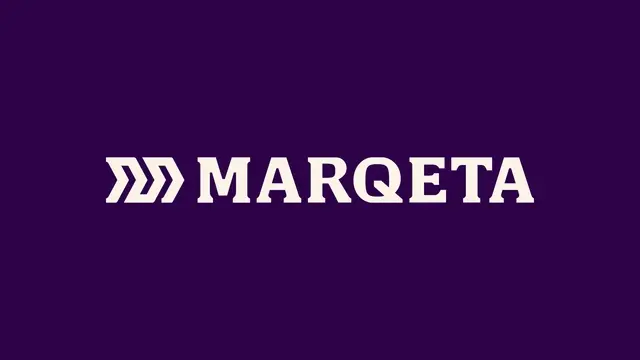 Marqeta logo with a silver dollar coin, credit card, and abstract metallic shapes on a purple background.