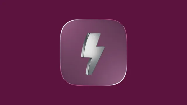 Metallic lightning bolt icon on a glossy purple rounded square.