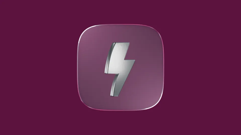 Metallic lightning bolt icon on a glossy purple rounded square.