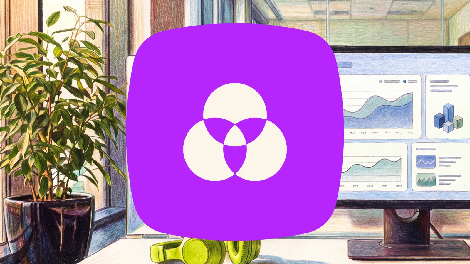 Purple app icon with three overlapping white circles, on a colored pencil drawing of an office desk with a plant and monitor displaying charts.