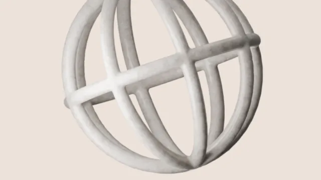 A white, spherical sculpture composed of thick, intersecting bands against a pale background.