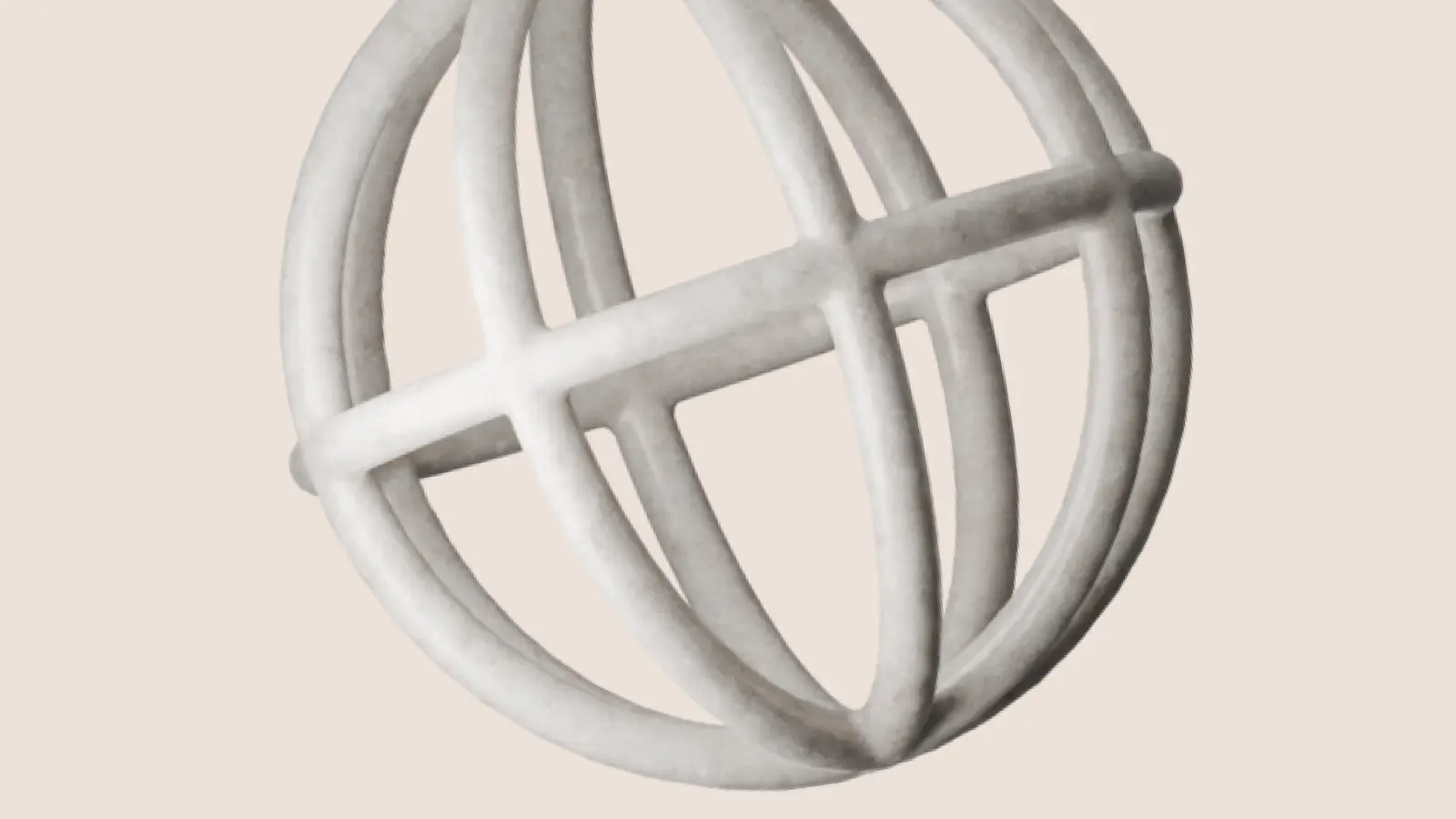 A white, spherical sculpture composed of thick, intersecting bands against a pale background.