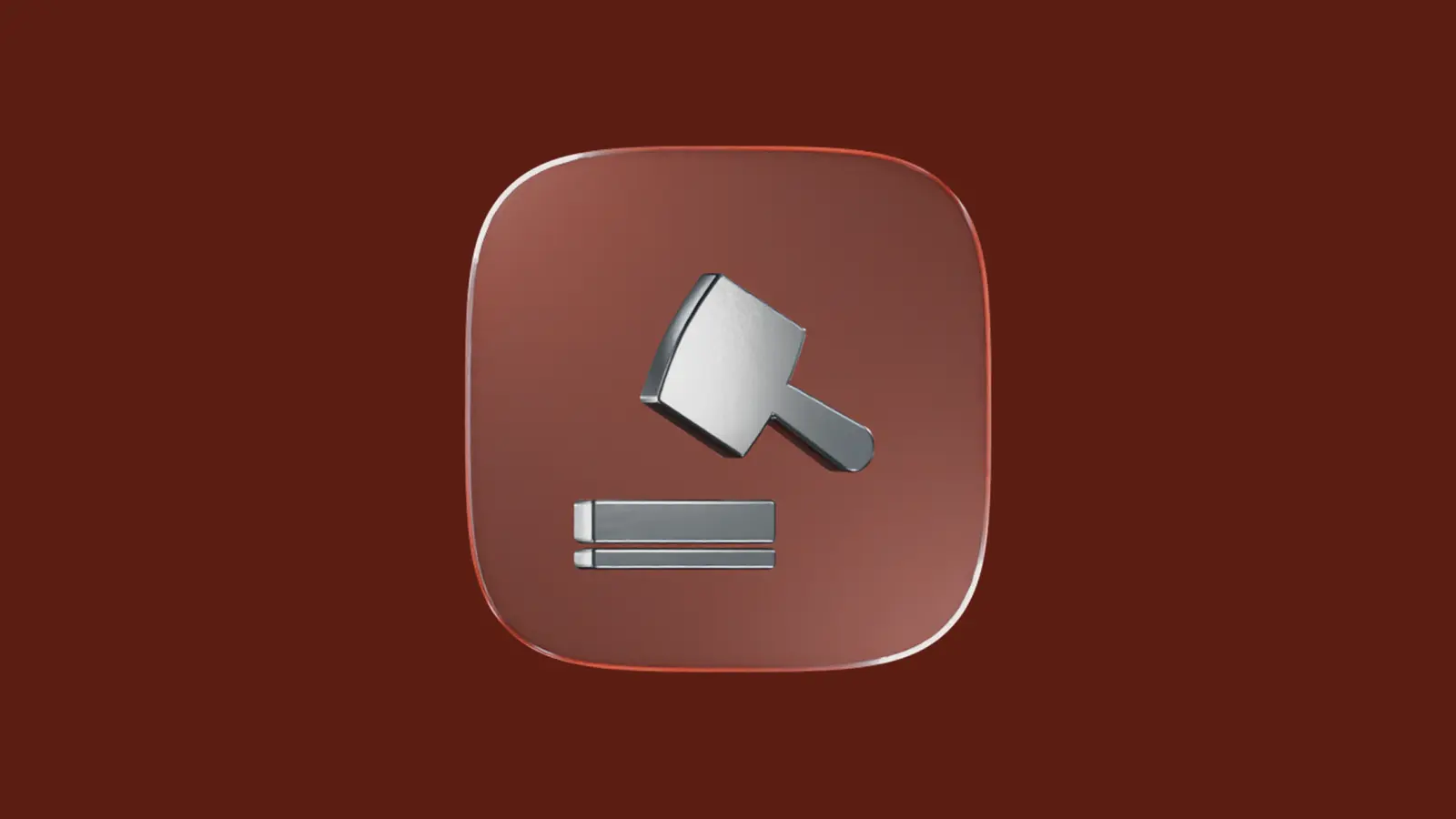 Silver 3D gavel and sounding block icon.