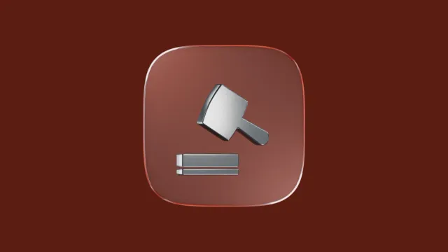 Silver 3D gavel and sounding block icon.