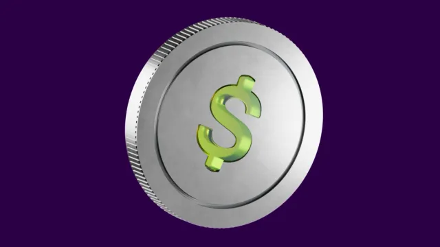 A silver coin with a glossy green dollar sign against a purple background.