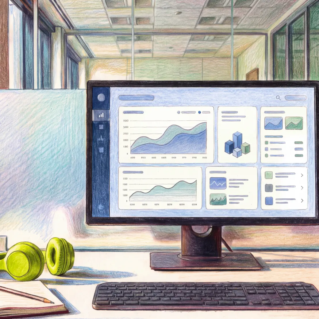 A colored pencil illustration of an office desk with a monitor displaying a data dashboard, green headphones, and a keyboard.