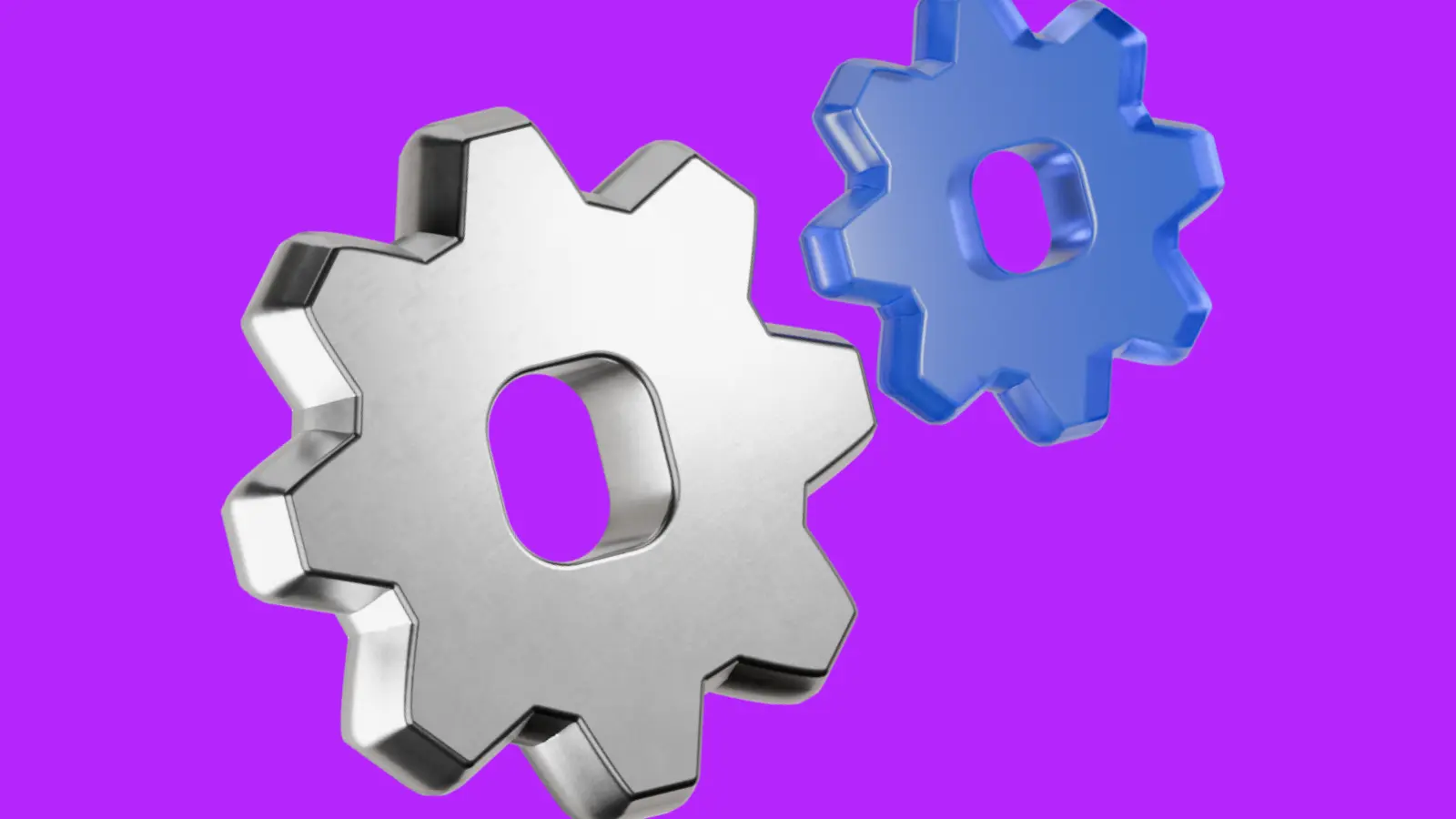 A metallic silver gear and a translucent blue gear against a purple background.