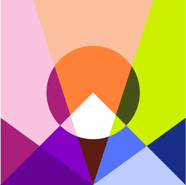 Abstract geometric art with an orange circle intersecting translucent polygons in bright pink, green, purple, and blue.