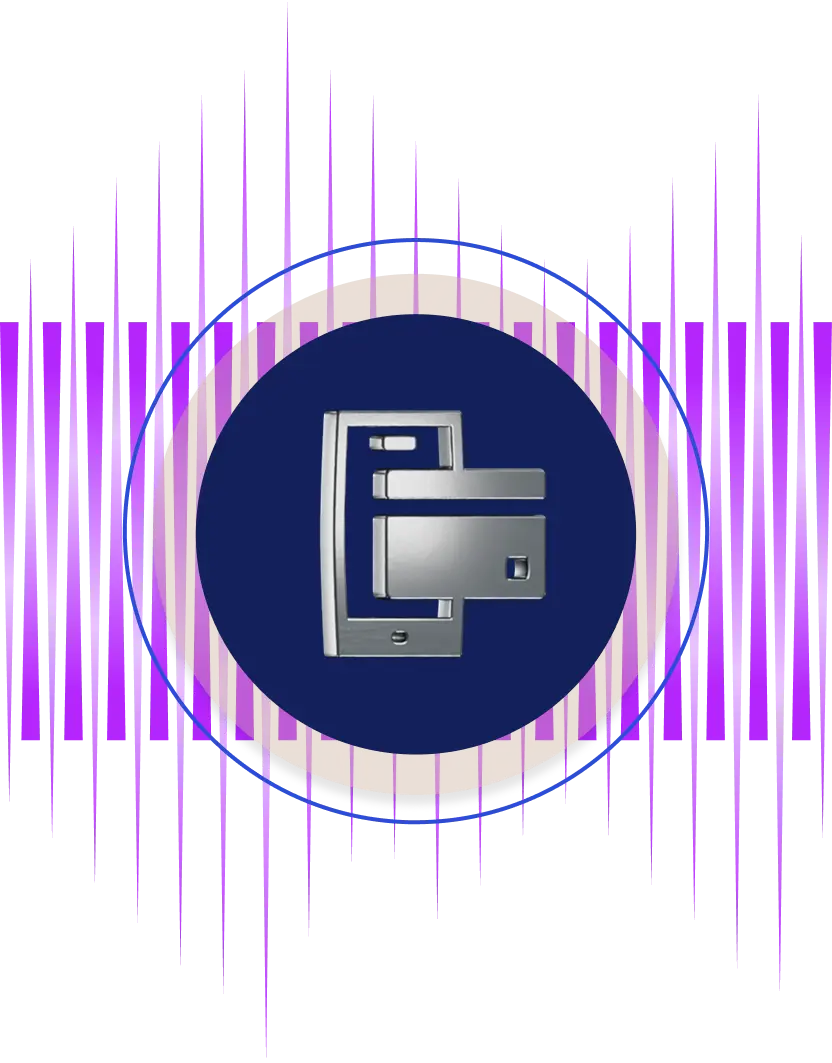 Silver mobile phone and credit card within a blue circle, against a background of vertical purple and white stripes.