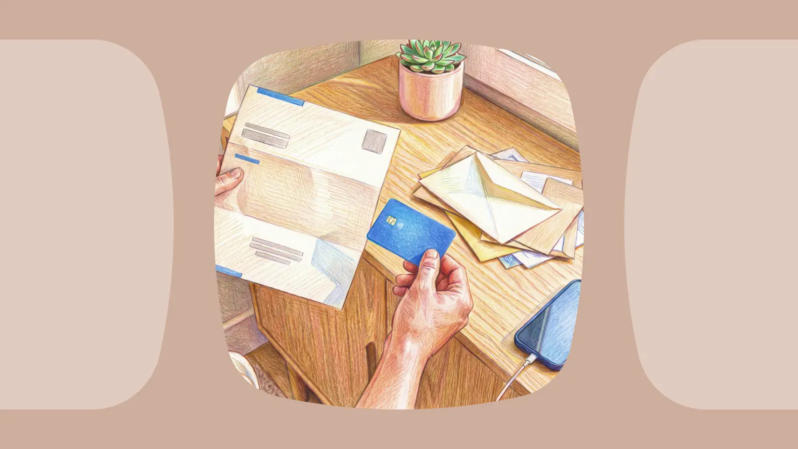 Illustration of hands holding a paper bill and a credit card on a desk.
