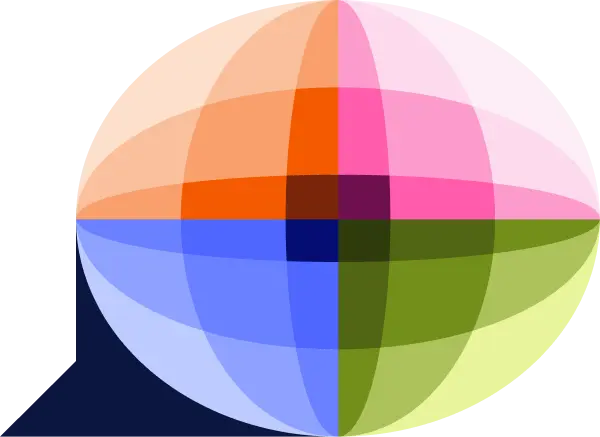 A colorful translucent sphere divided into four quadrants, with a speech bubble tail.