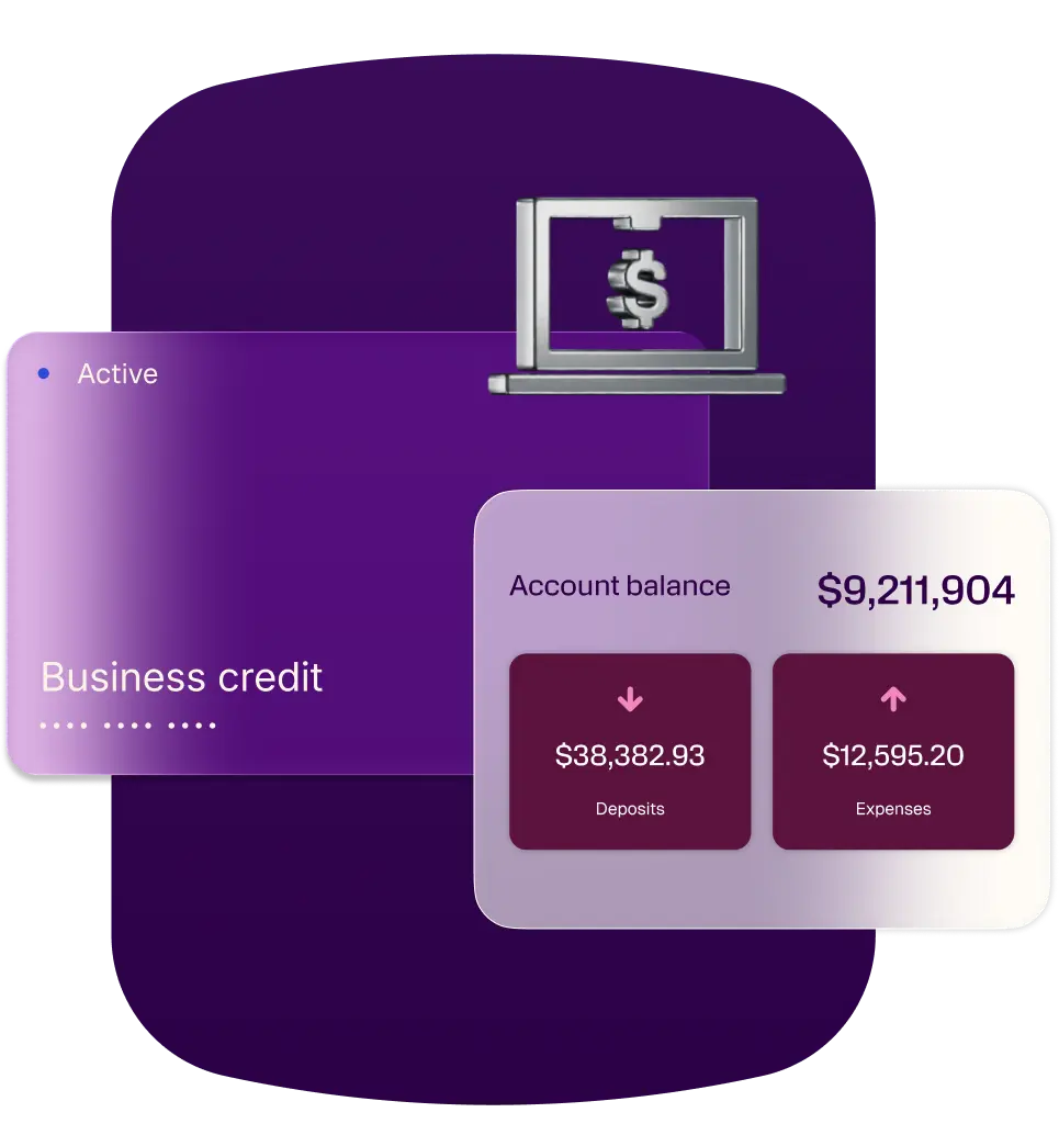 Digital business banking interface displaying a business credit card, account balance, deposits, and expenses.
