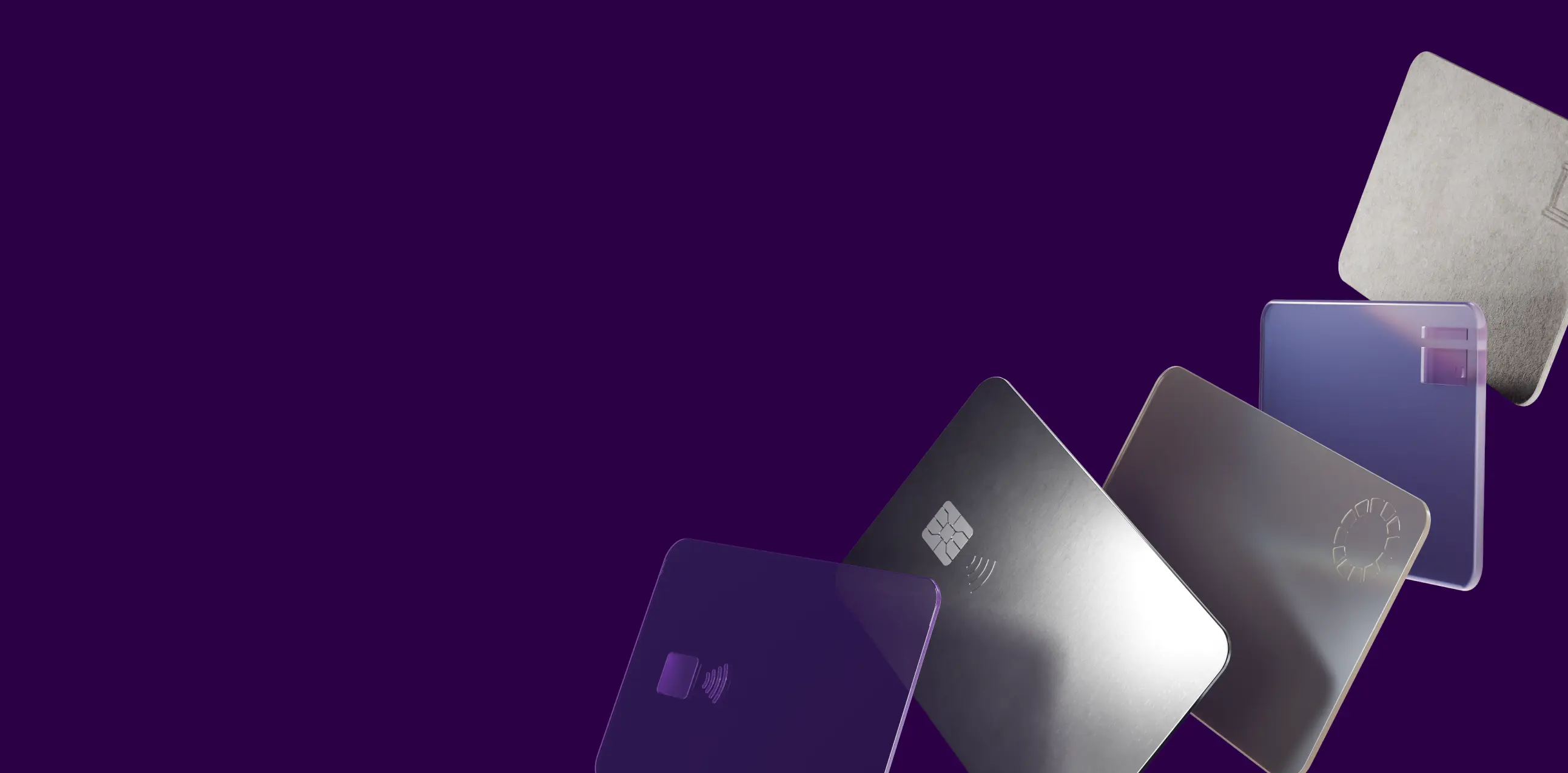A diagonal fanned arrangement of credit cards in metallic gray and translucent purple on a dark purple background.