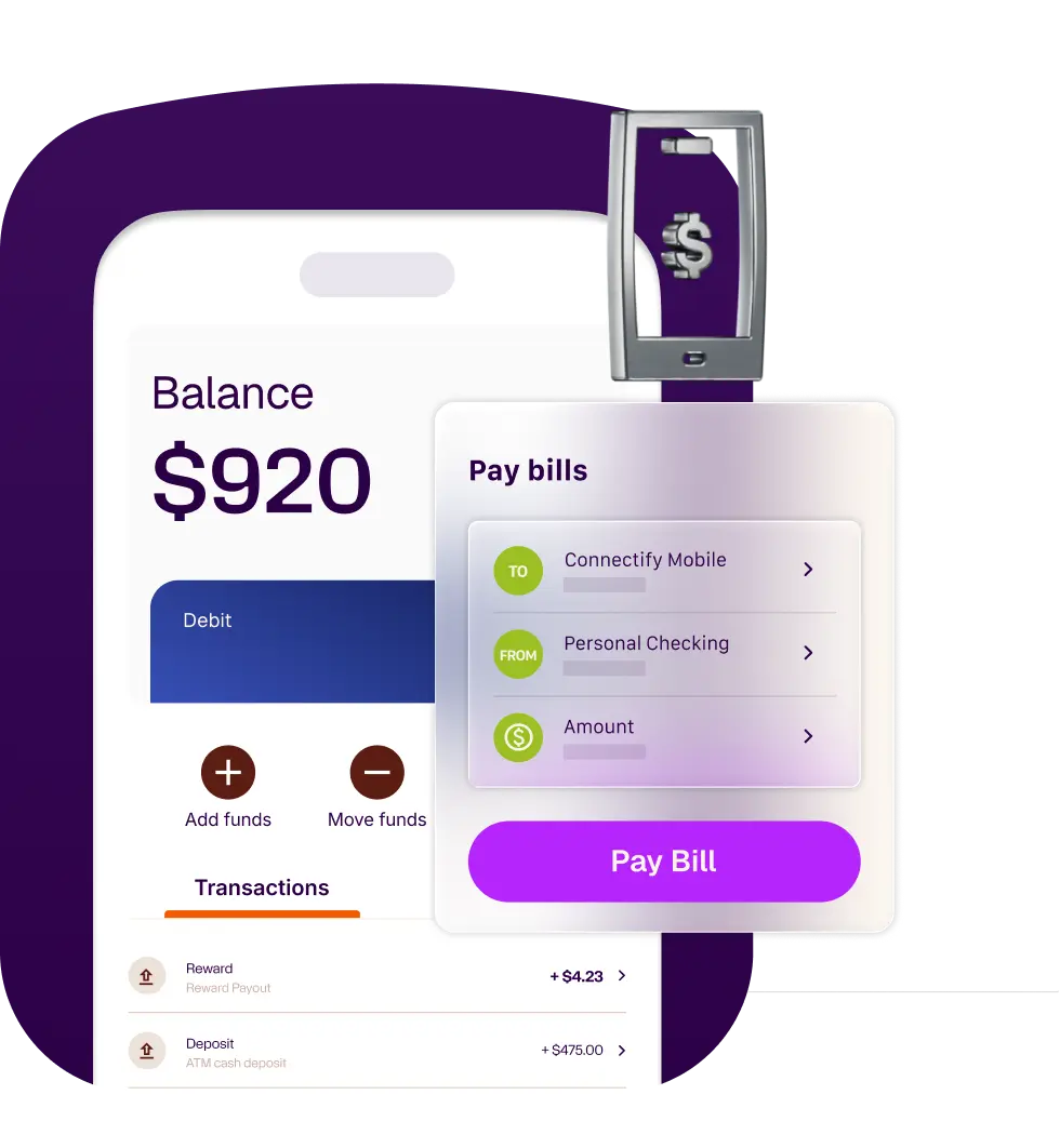 Mobile banking app displaying a $920 balance and a 'Pay bills' screen, featuring a stylized phone-and-dollar-sign icon.