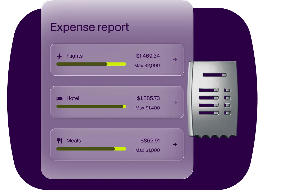 A digital expense report interface tracking spending for flights, hotel, and meals with progress bars, alongside a stylized receipt icon.