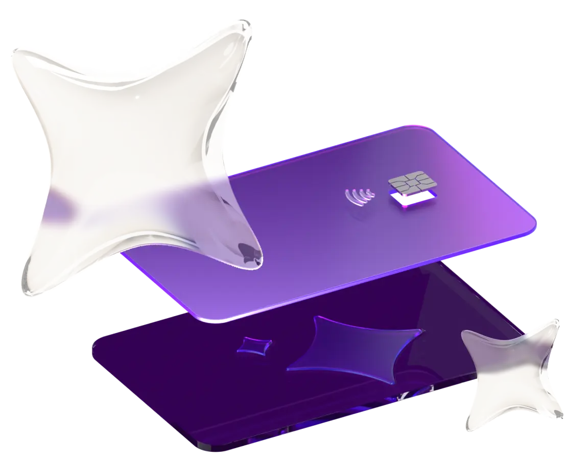 Two purple credit cards with a chip and contactless symbol, surrounded by clear, star-shaped forms.