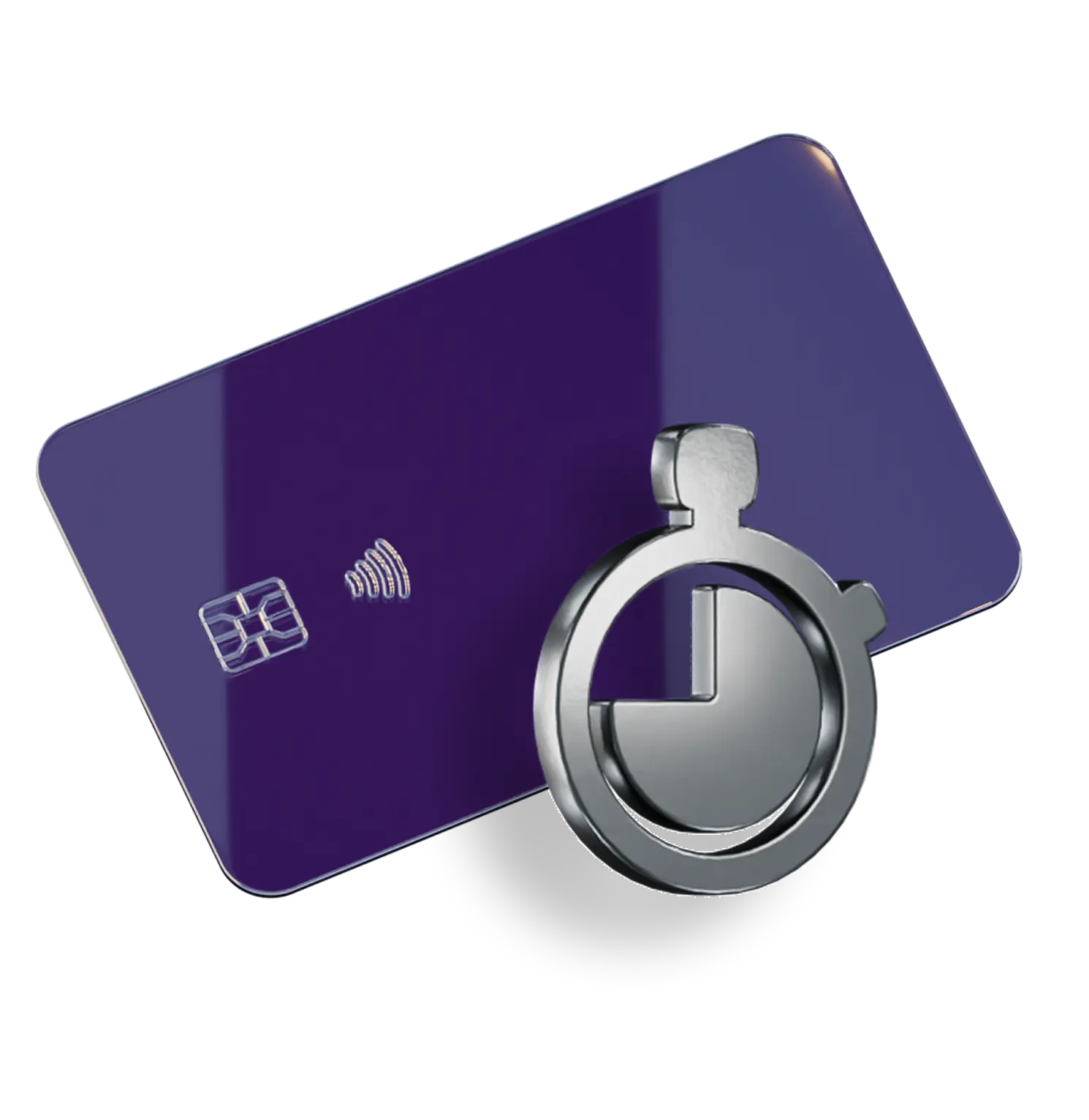 Purple credit card with a silver stopwatch icon.