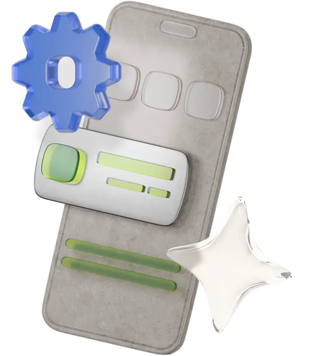 A 3D illustration of a smartphone with a gear icon, a UI card, and a star, symbolizing app features.