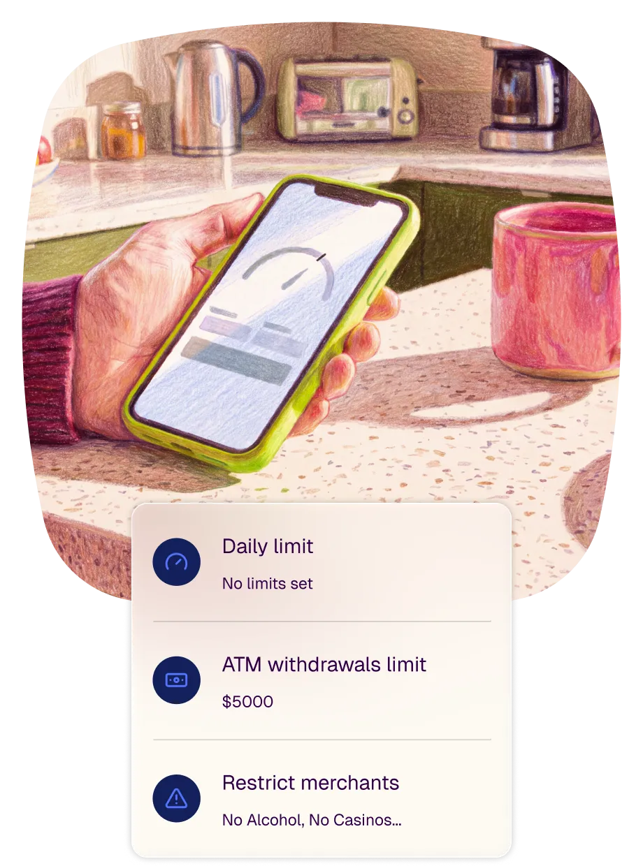 Illustration of a hand holding a smartphone displaying a menu with financial limit settings, such as daily limit, ATM withdrawal limit, and merchant restrictions, in a kitchen setting.