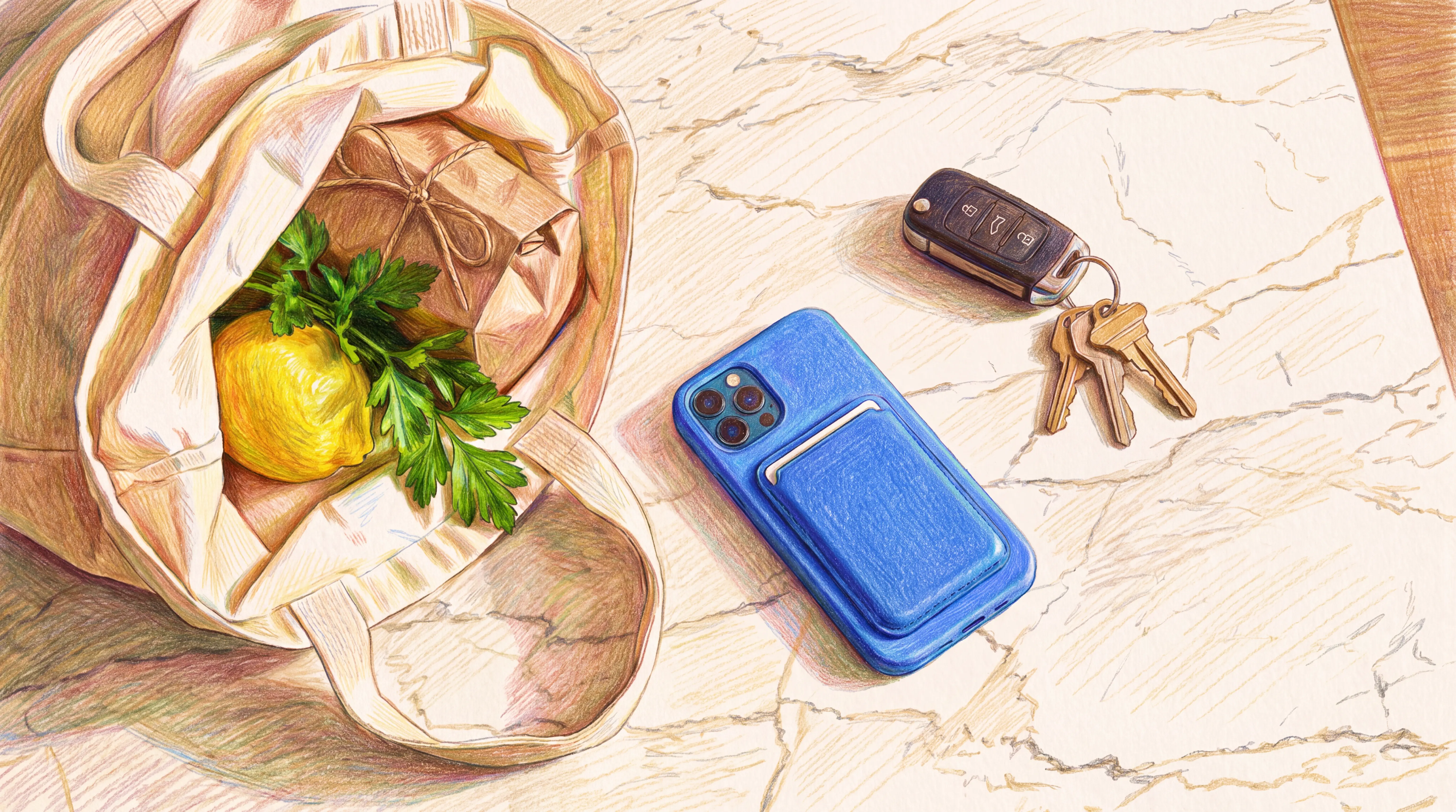 Colored pencil drawing of a tote bag with a lemon, parsley, and package, a blue phone with a wallet, and keys on a marble surface.