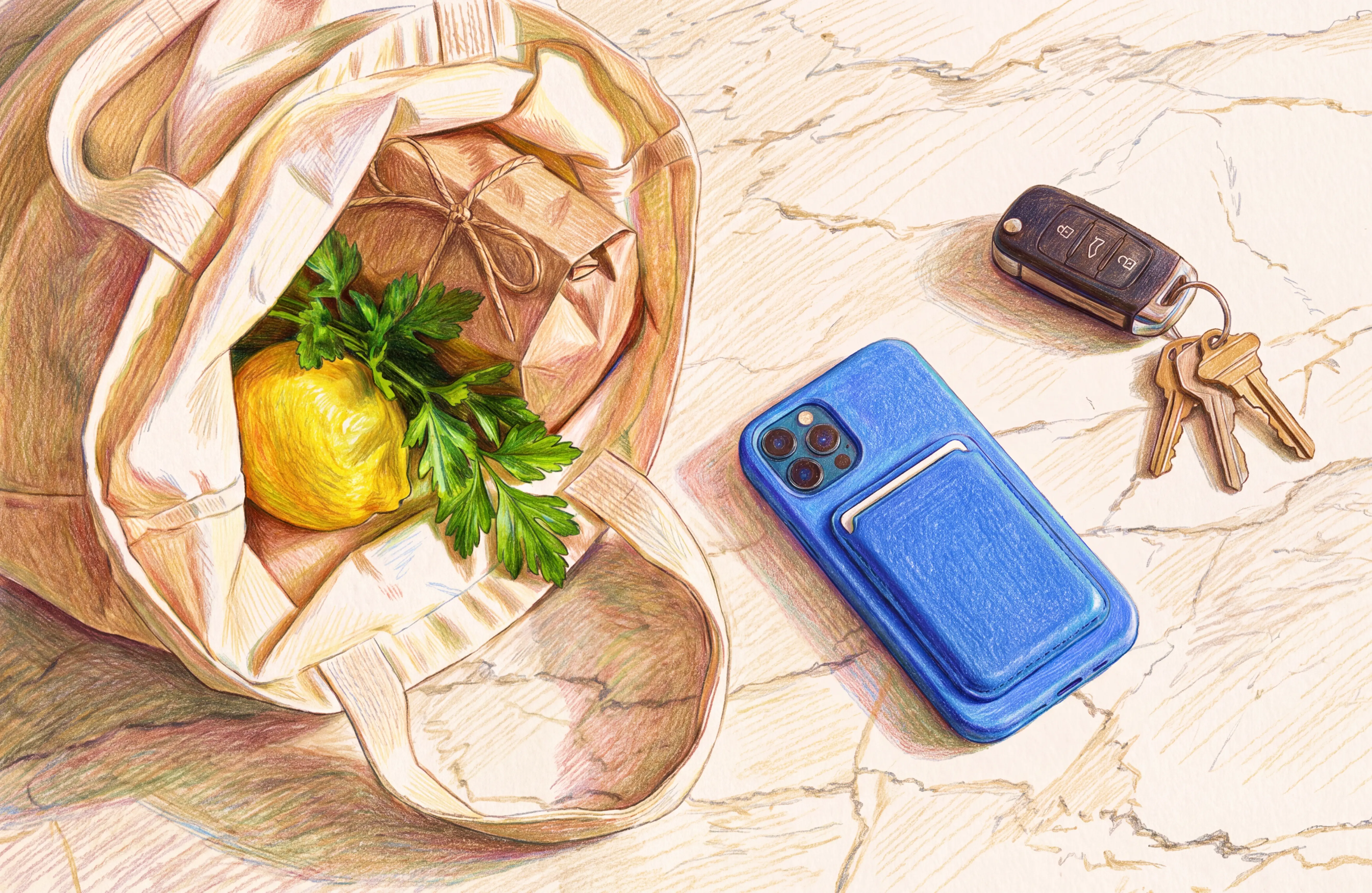 Colored pencil drawing of a canvas tote bag with a lemon, parsley, and gift, a blue smartphone, and keys on a marble surface.