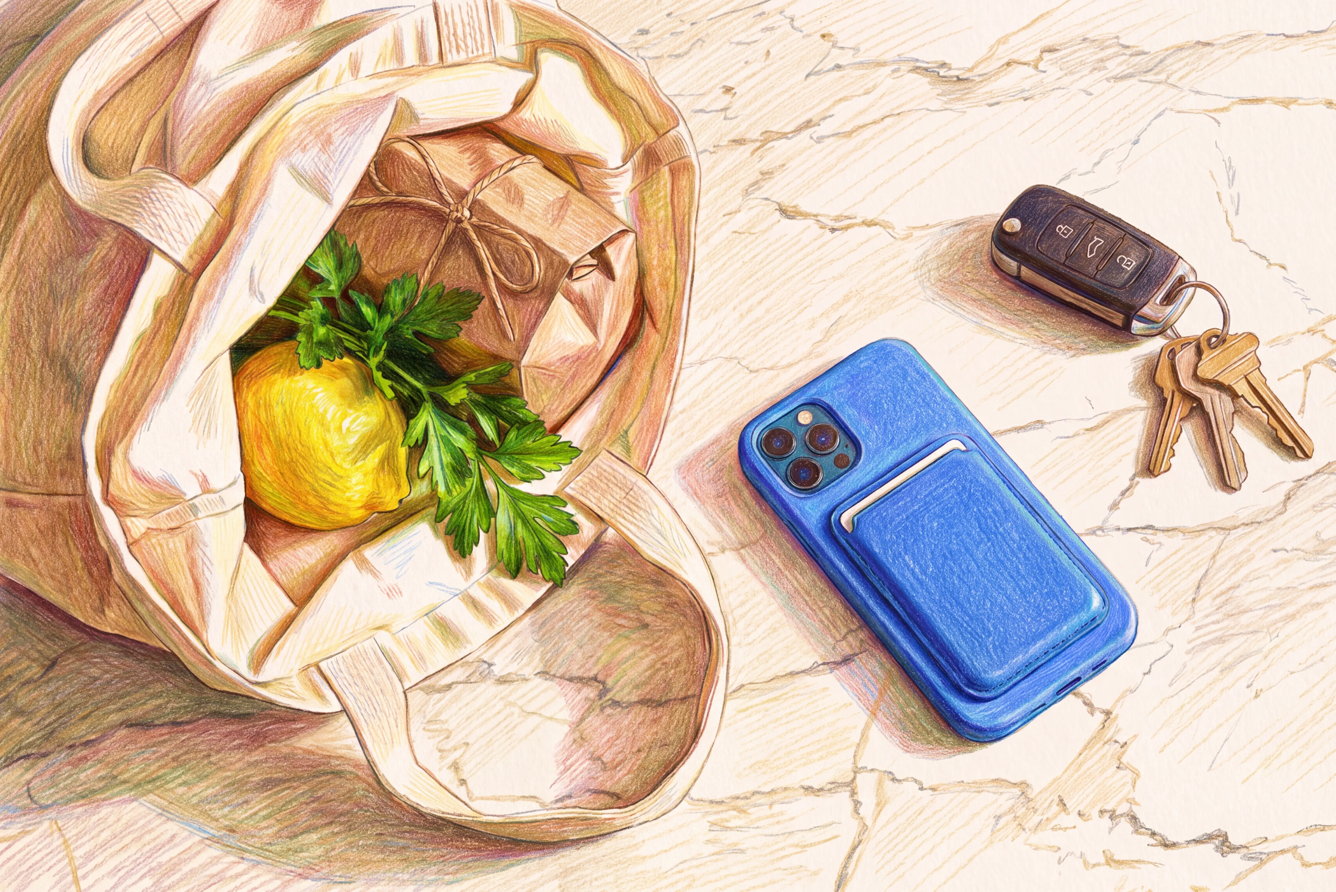 Colored pencil drawing of a shopping bag with groceries, a blue smartphone, and keys on a marble table.