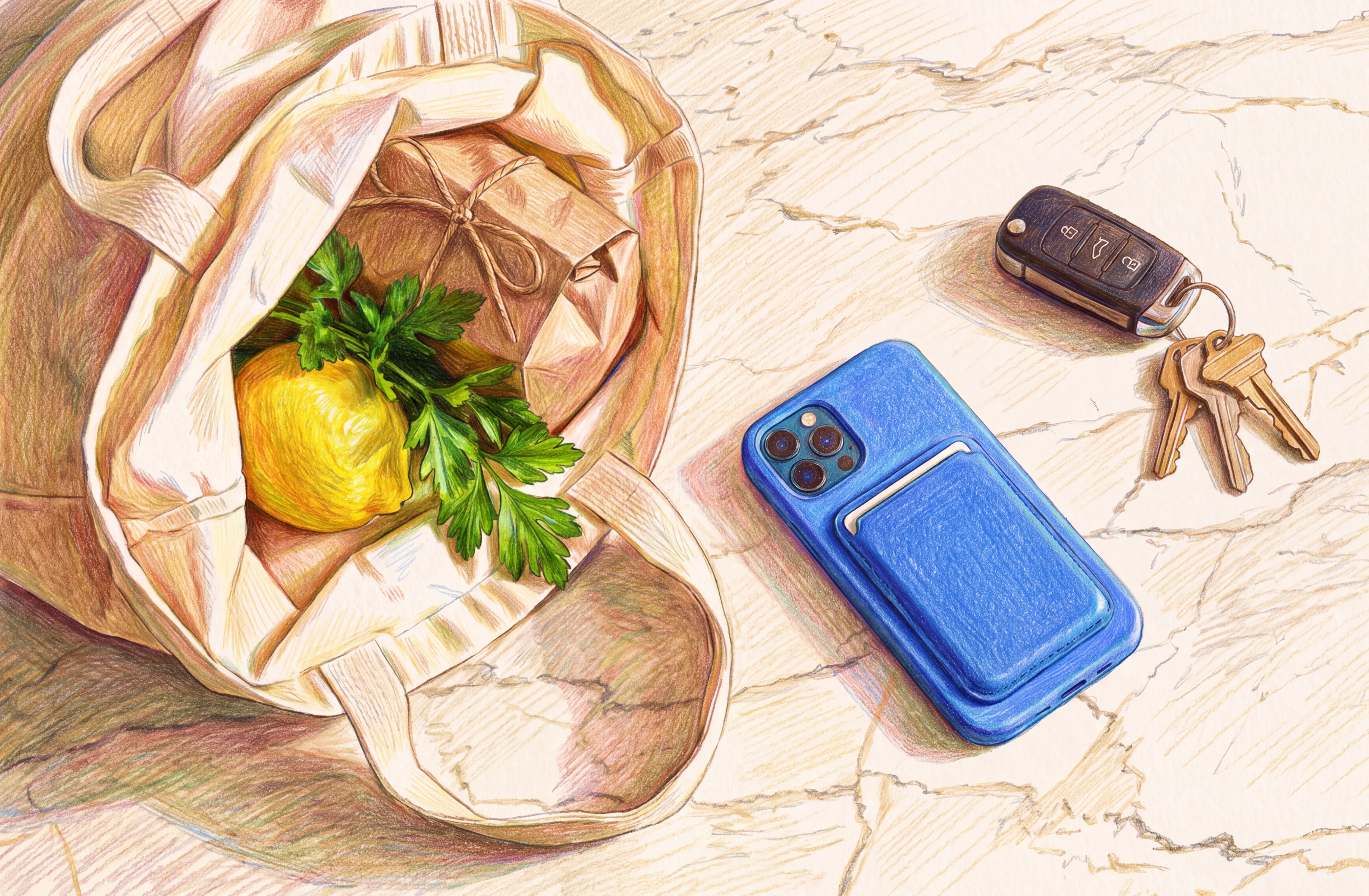 Colored pencil drawing of a tote bag with a lemon and parsley, a blue smartphone, and keys on a marble counter.