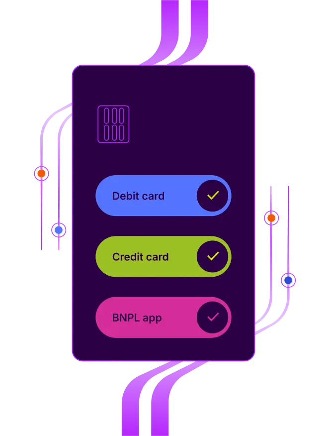 A dark purple card with a chip icon displaying selected options: Debit card, Credit card, and BNPL app, with glowing connected lines.