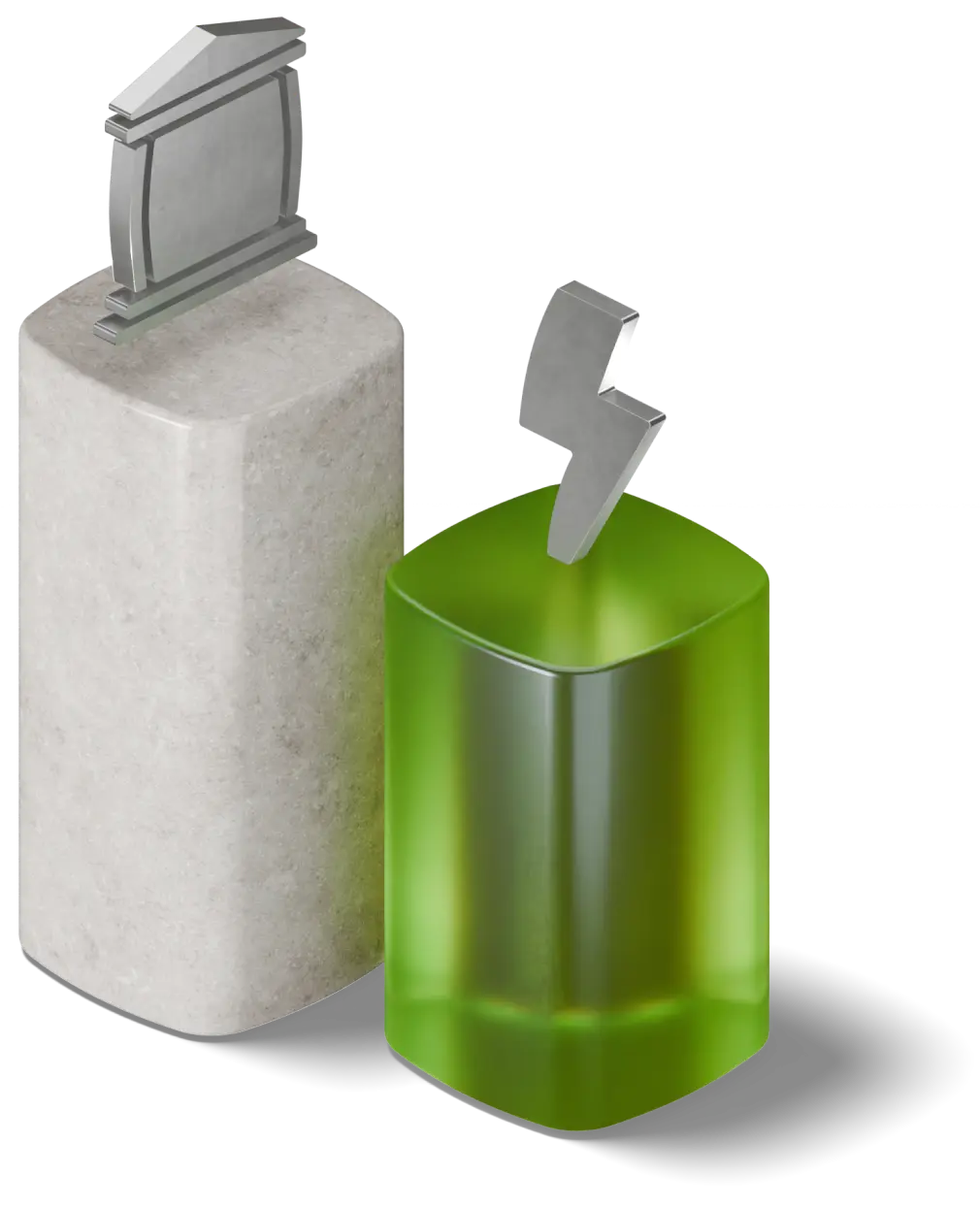 Two abstract 3D blocks: a grey one topped with a metallic scroll icon, and a green translucent one topped with a metallic lightning bolt.