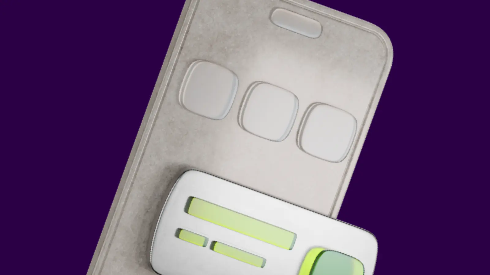 Light gray smartphone with three app icons, partially covered by a gray card with neon green translucent details, on a dark purple background.