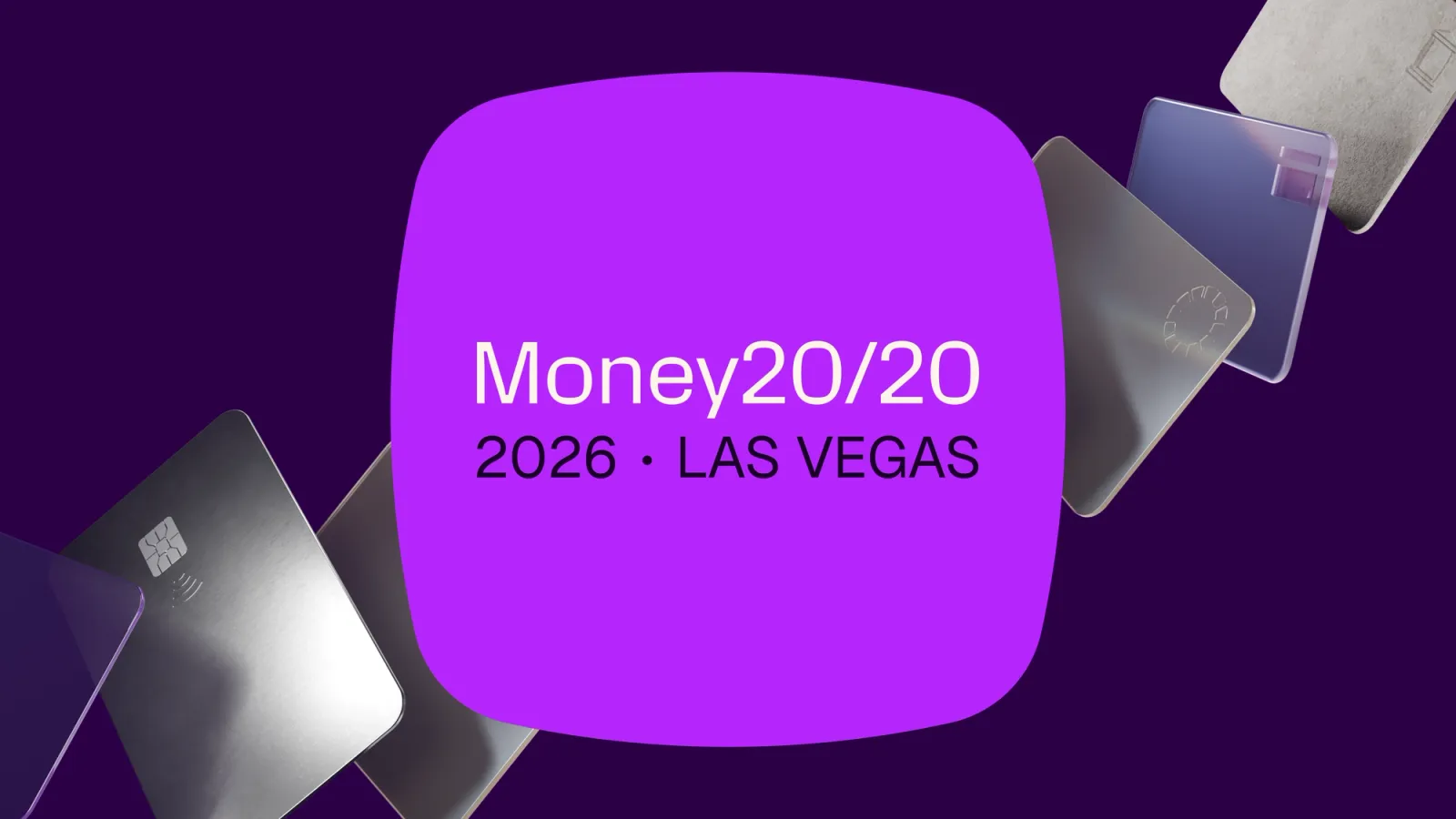 Money20/20 2026 Las Vegas event announcement with stylized payment cards on a purple background.
