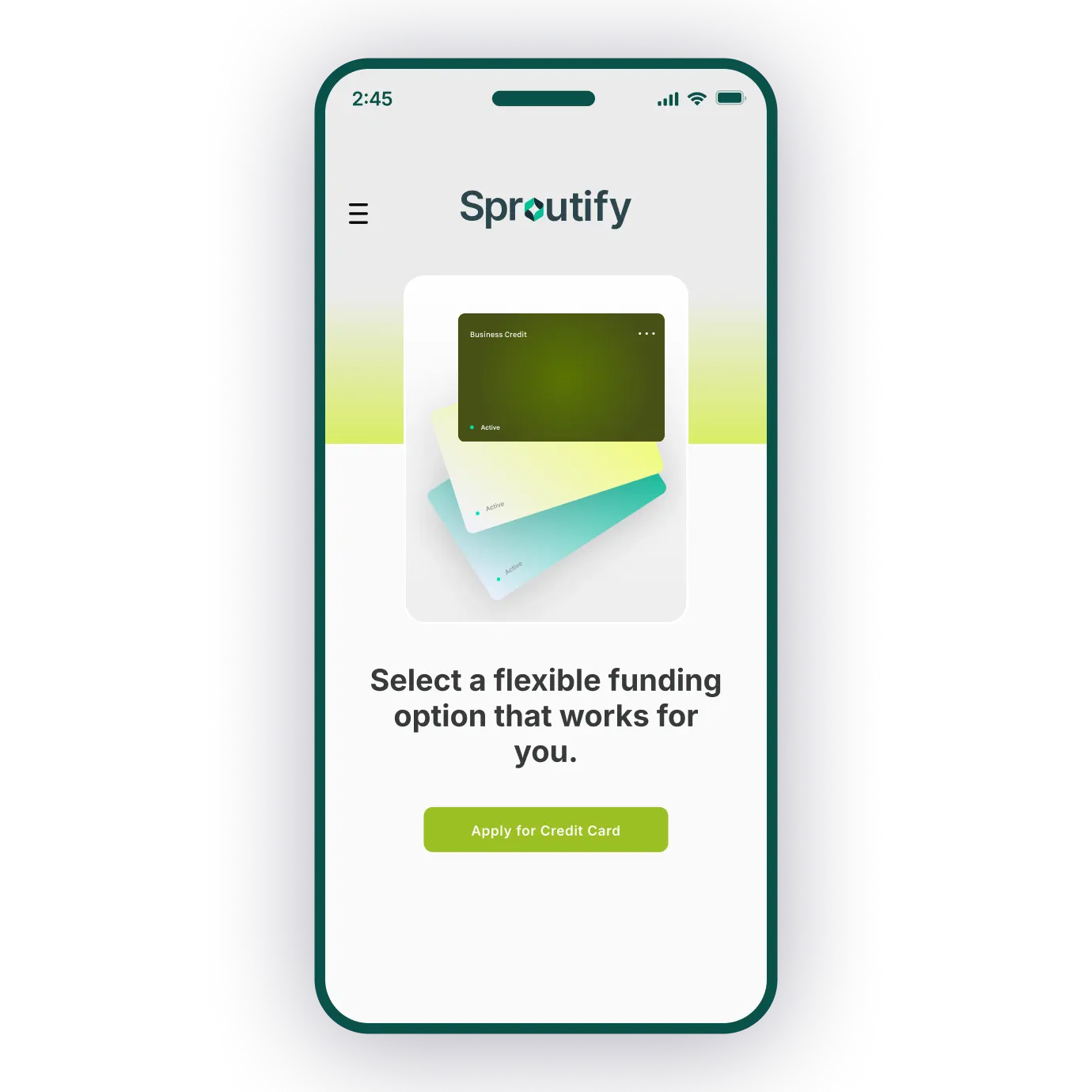 Smartphone displaying the Sproutify app with business credit cards and an "Apply for Credit Card" button.