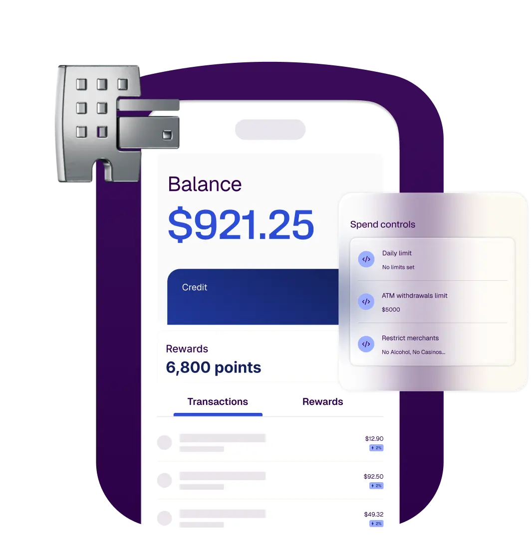 Mobile banking app with a balance of $921.25, rewards, and spend controls, featuring a security lock icon.