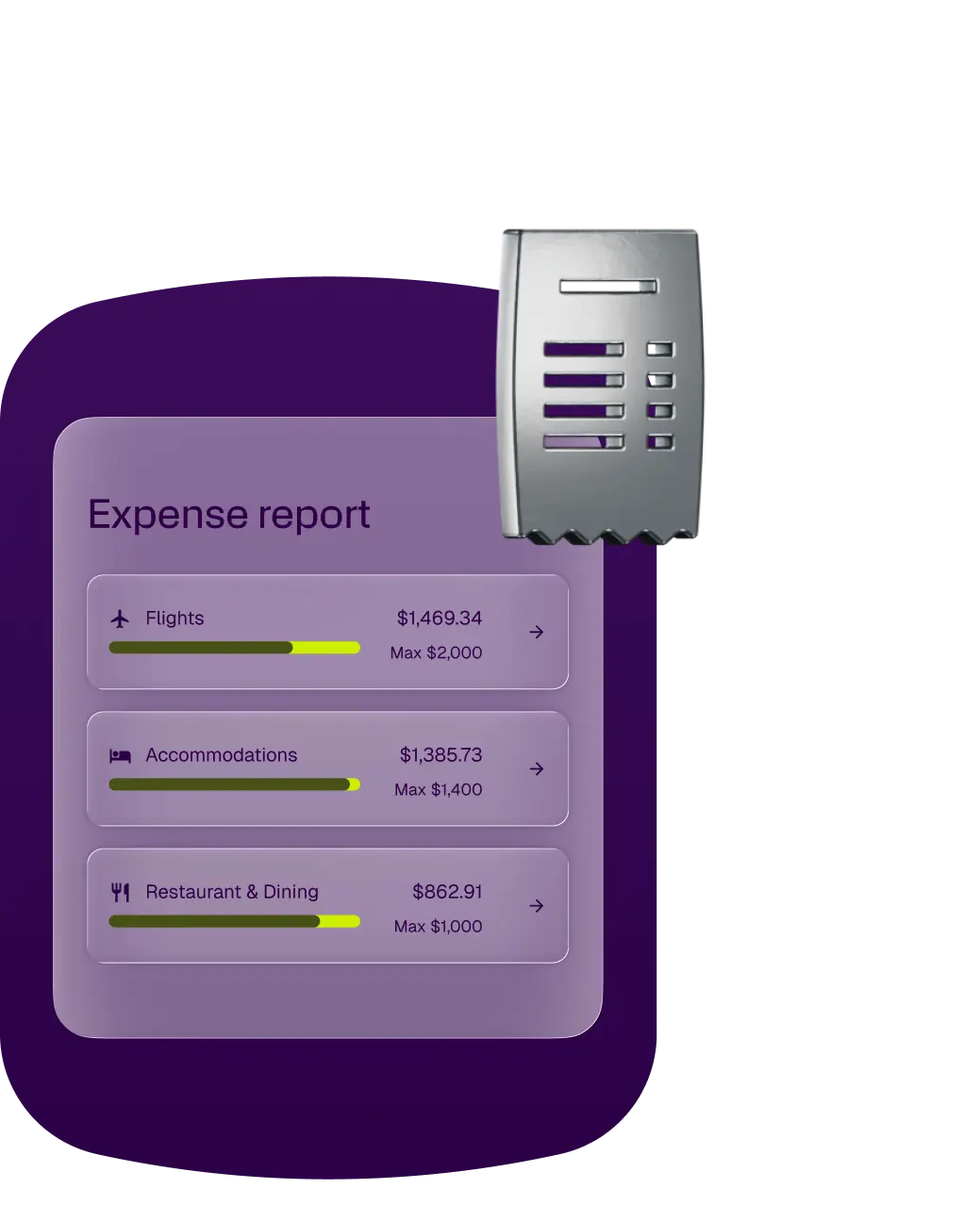 An expense report interface showing categorized spending for flights, accommodations, and dining, alongside a metallic receipt icon.