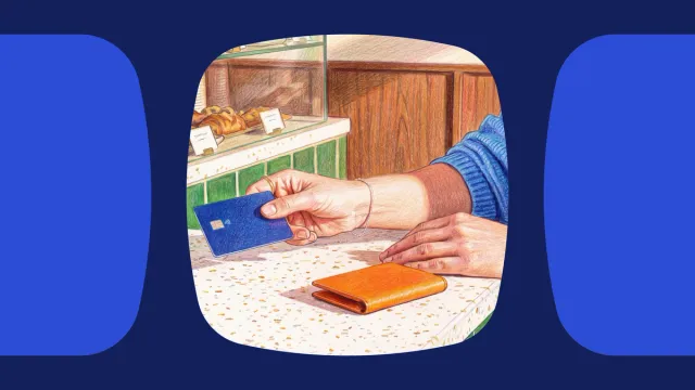 Illustration of a person preparing to pay with a blue credit card at a bakery counter.