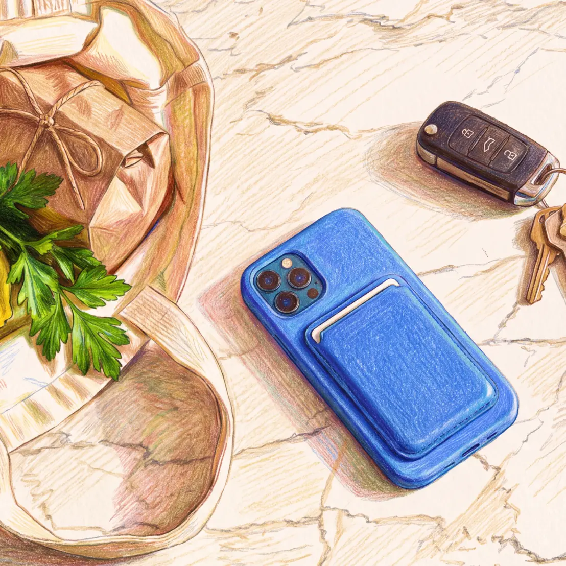 A colored pencil drawing of a tote bag with a gift and herbs, a blue smartphone with a wallet, and keys on a marble surface.