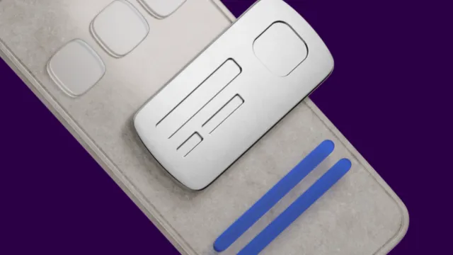 A silver rectangular object, translucent squares, and two blue lines on a textured gray surface, against a purple background.