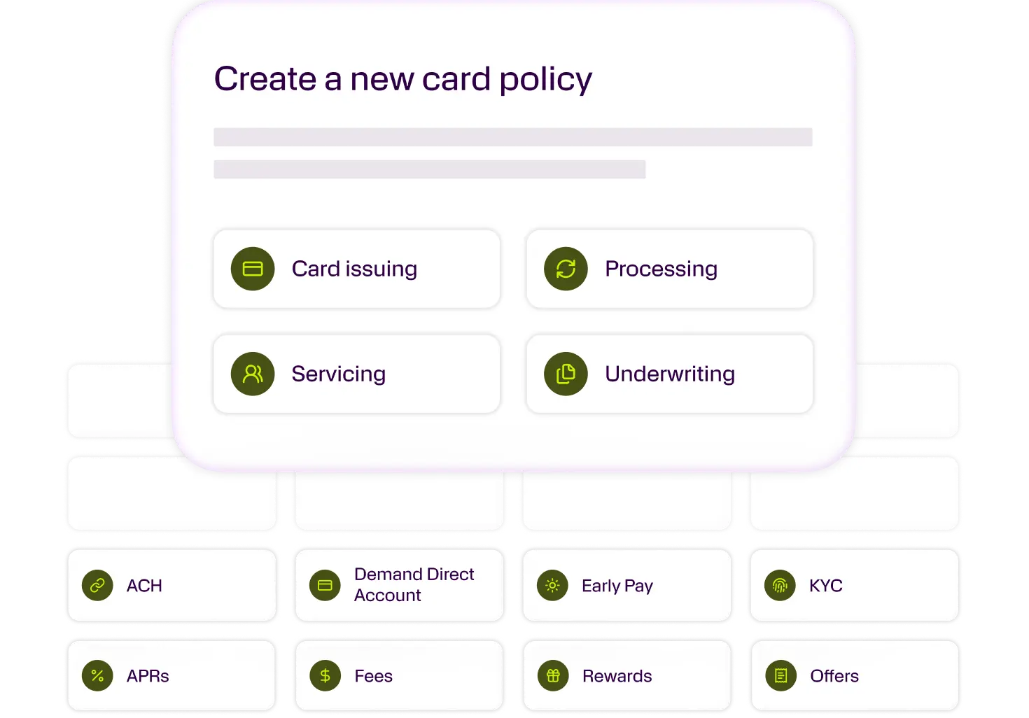 User interface titled "Create a new card policy" with options for card issuing, processing, servicing, and underwriting.
