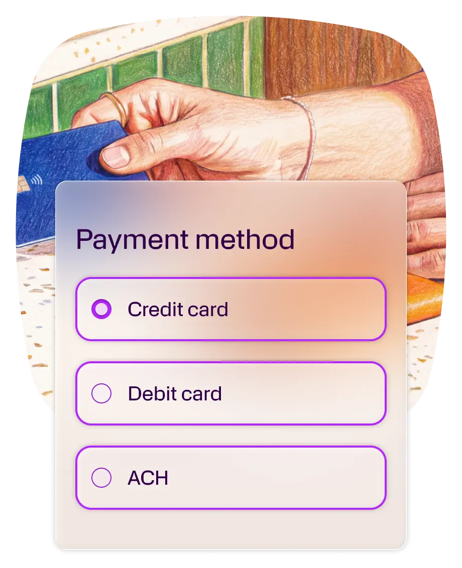 Payment method selection screen with 'Credit card' chosen, over an illustration of a hand holding a credit card.