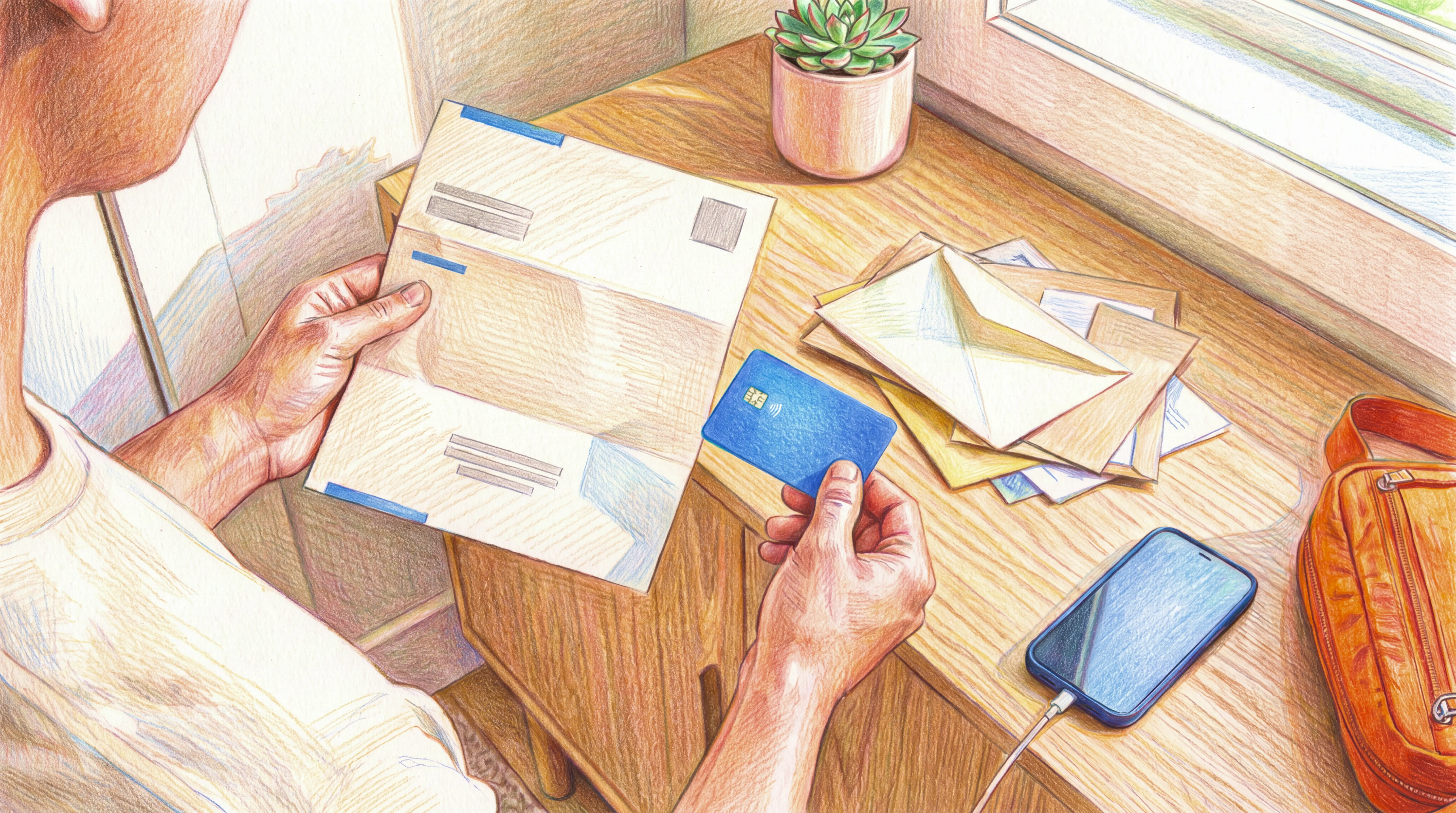 A person holds a bill and a credit card, with a charging phone and mail on a desk.