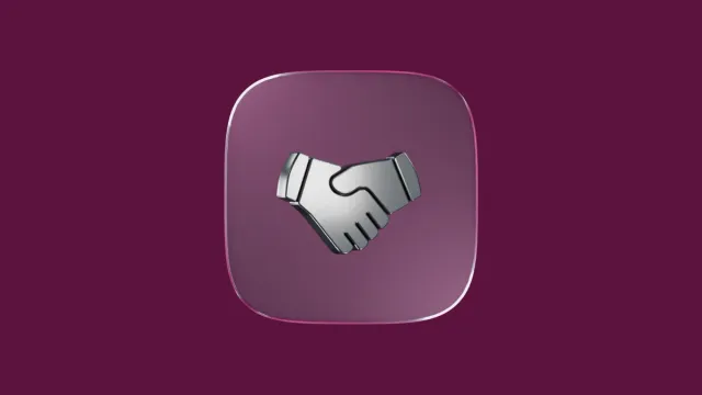 A 3D silver handshake icon inside a rounded purple square.