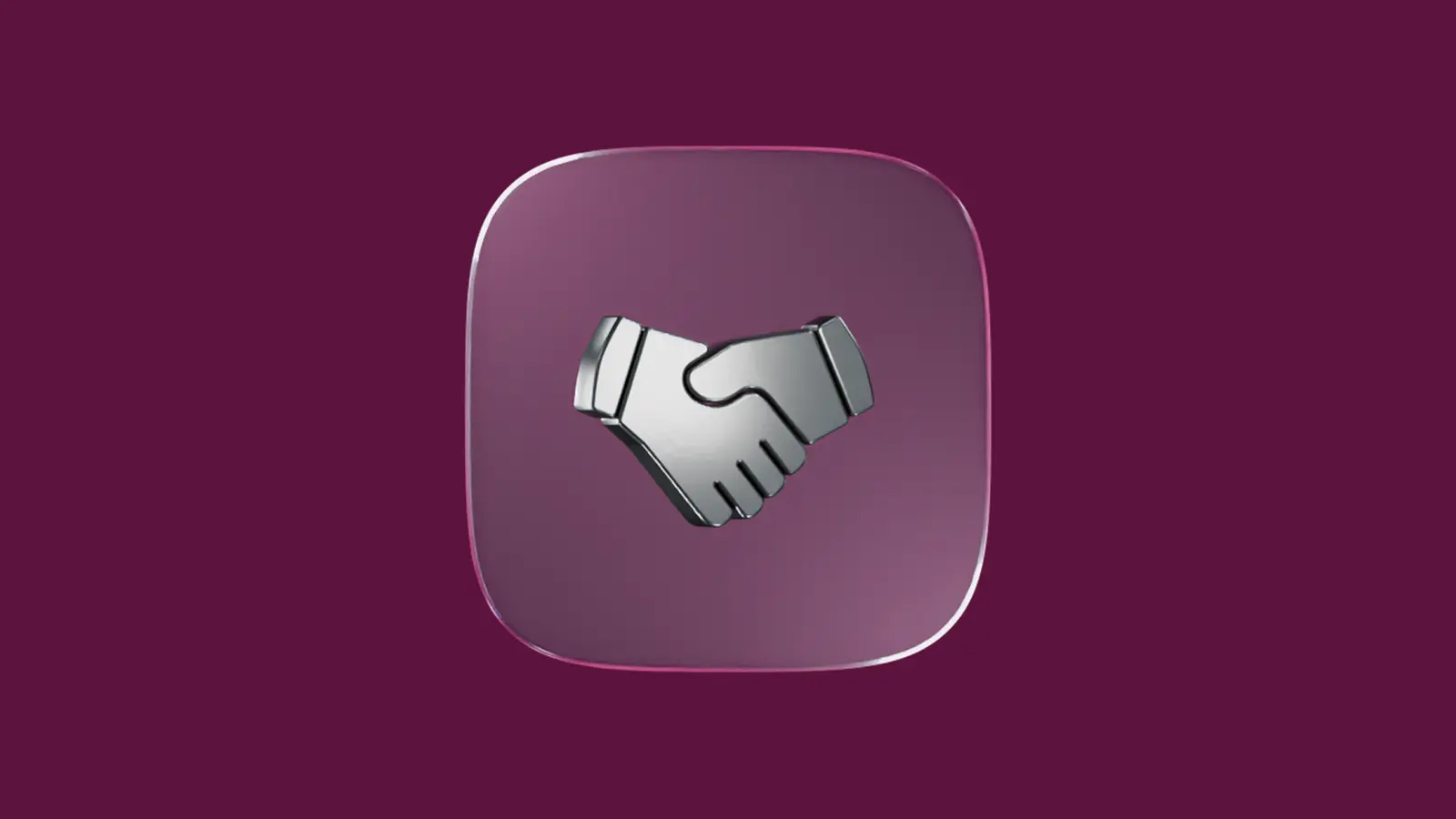 A 3D silver handshake icon inside a rounded purple square.