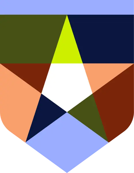 A colorful geometric shield featuring a white five-pointed star at its center, with a bright lime green top point, surrounded by polygons in shades of blue, green, brown, and peach.