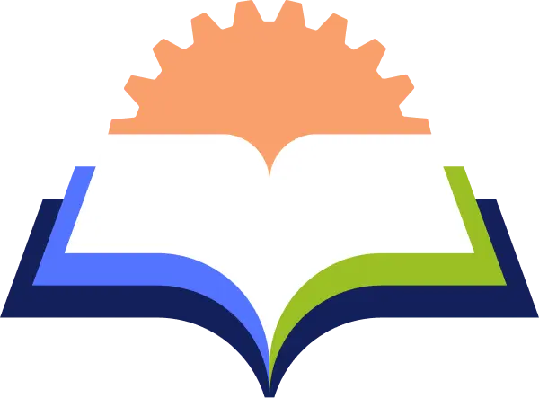 An open book with blue and green pages, topped by an orange gear.